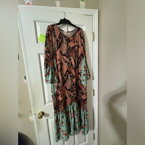 Zadie B’s Silky/Stretchy Teal, Orange, & Black Paisley Dress.